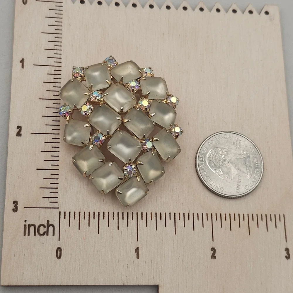 Vtg Frosted Glass Aurora Borealis Rhinestone Brooch Statement Gold Tone Wedding